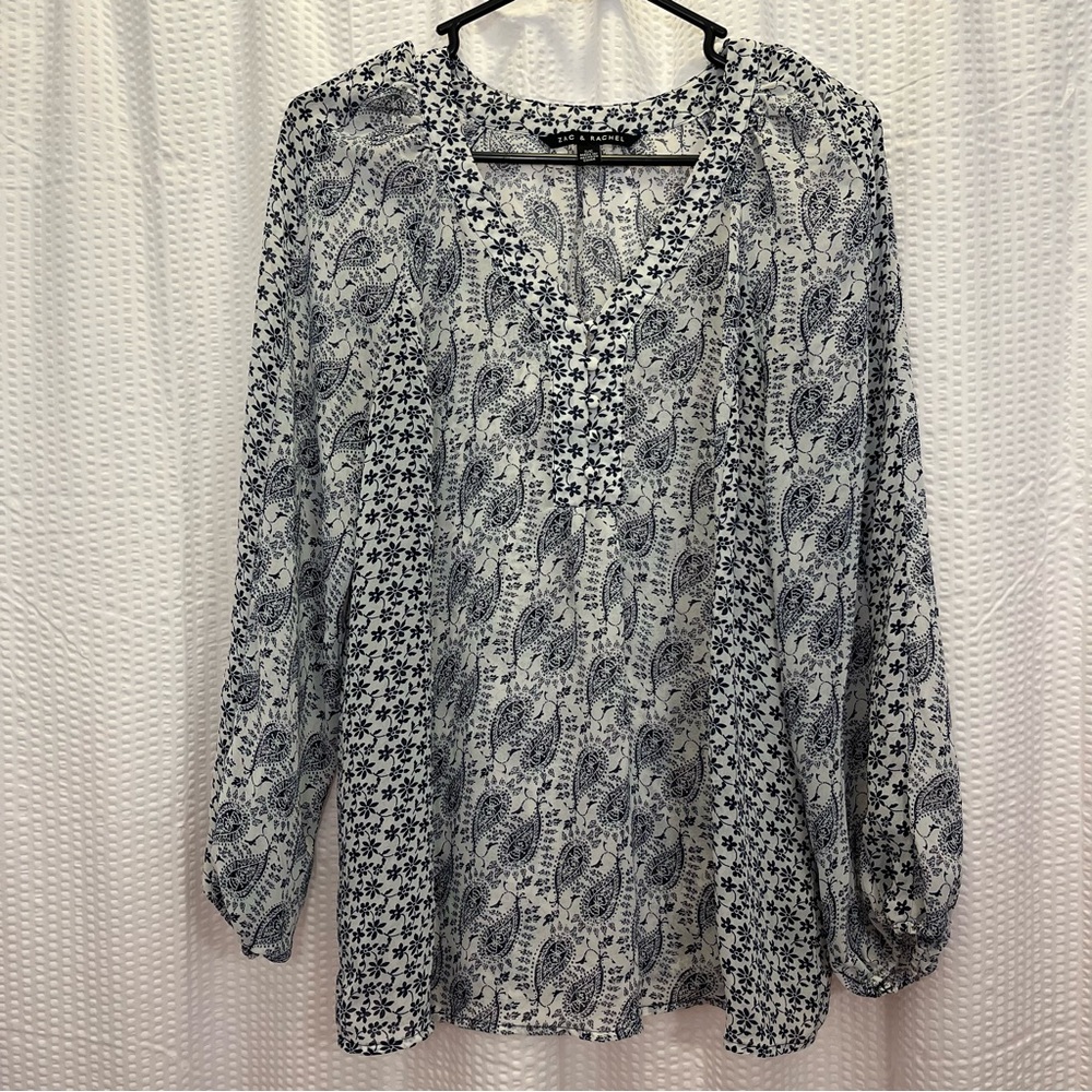 ❤️4for$20! Zac + Rachel Blue White Peasant Blouse Size Small